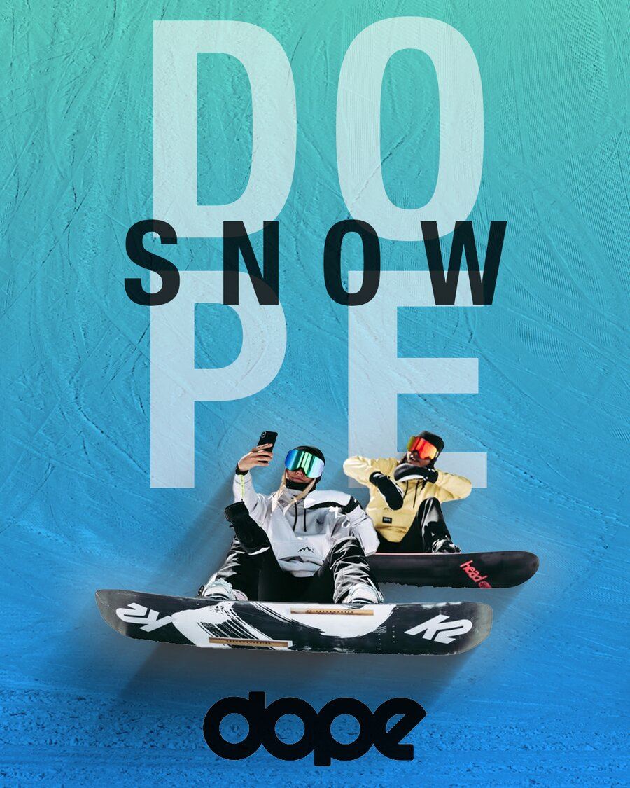 Dope Snow social post, blue DOPE SNOW wordmark over a blue gradient with two snowboarders