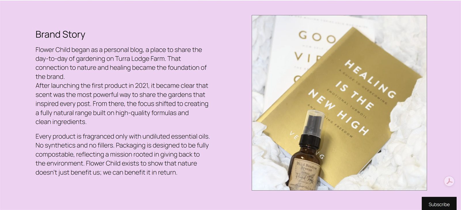 About Us page: Brand Story text on a lilac background beside a product photo of a spray bottle