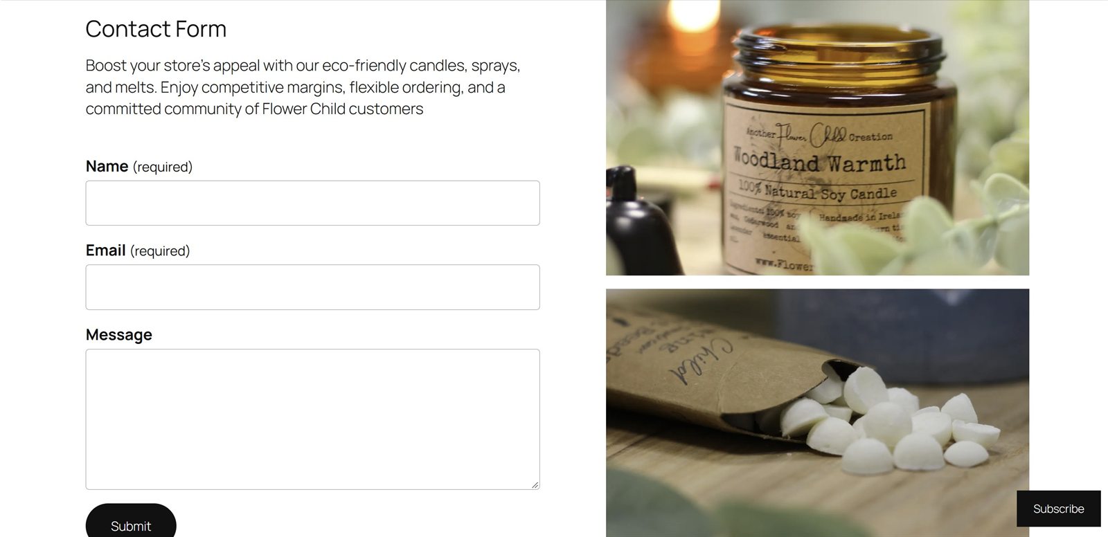 Contact Us page: a contact form with name, email and message fields beside two product photos