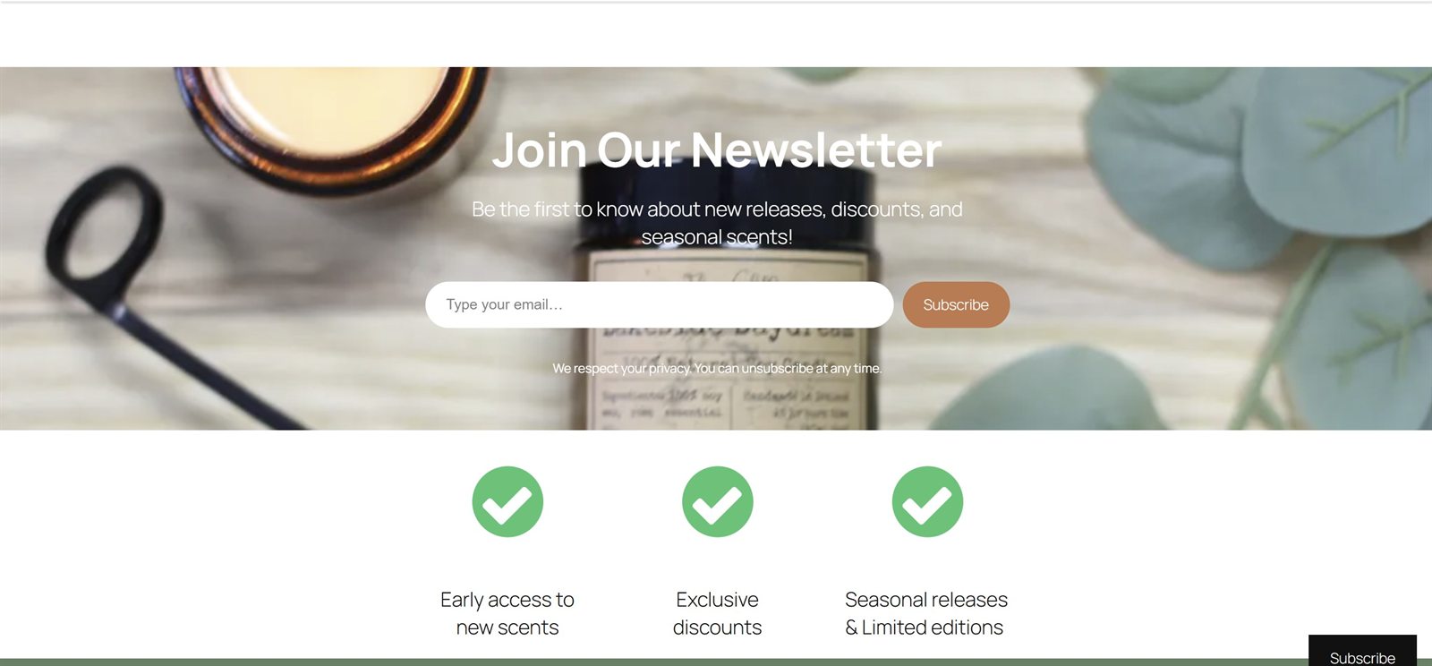 Newsletter page: Join Our Newsletter signup over a product photo, with three benefits listed underneath