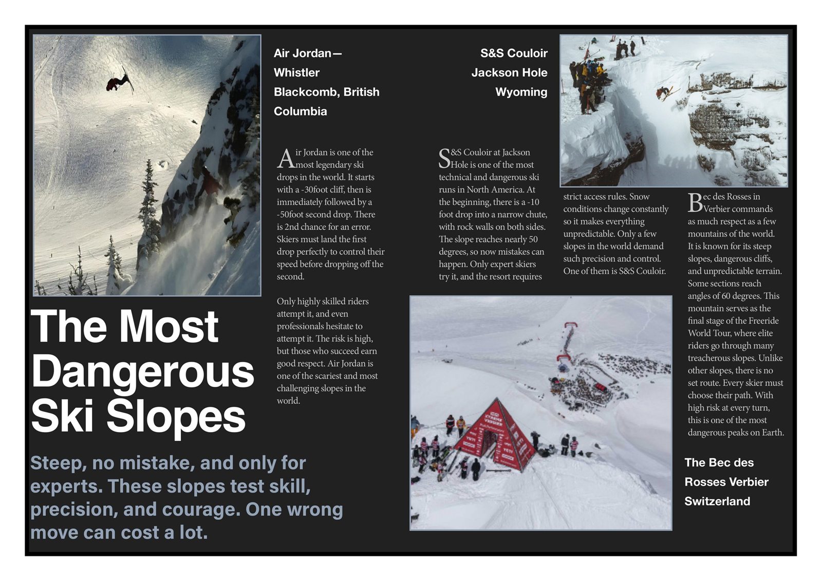Magazine double page spread titled The Most Dangerous Ski Slopes, with three ski slope photos and columns of text on a near black background