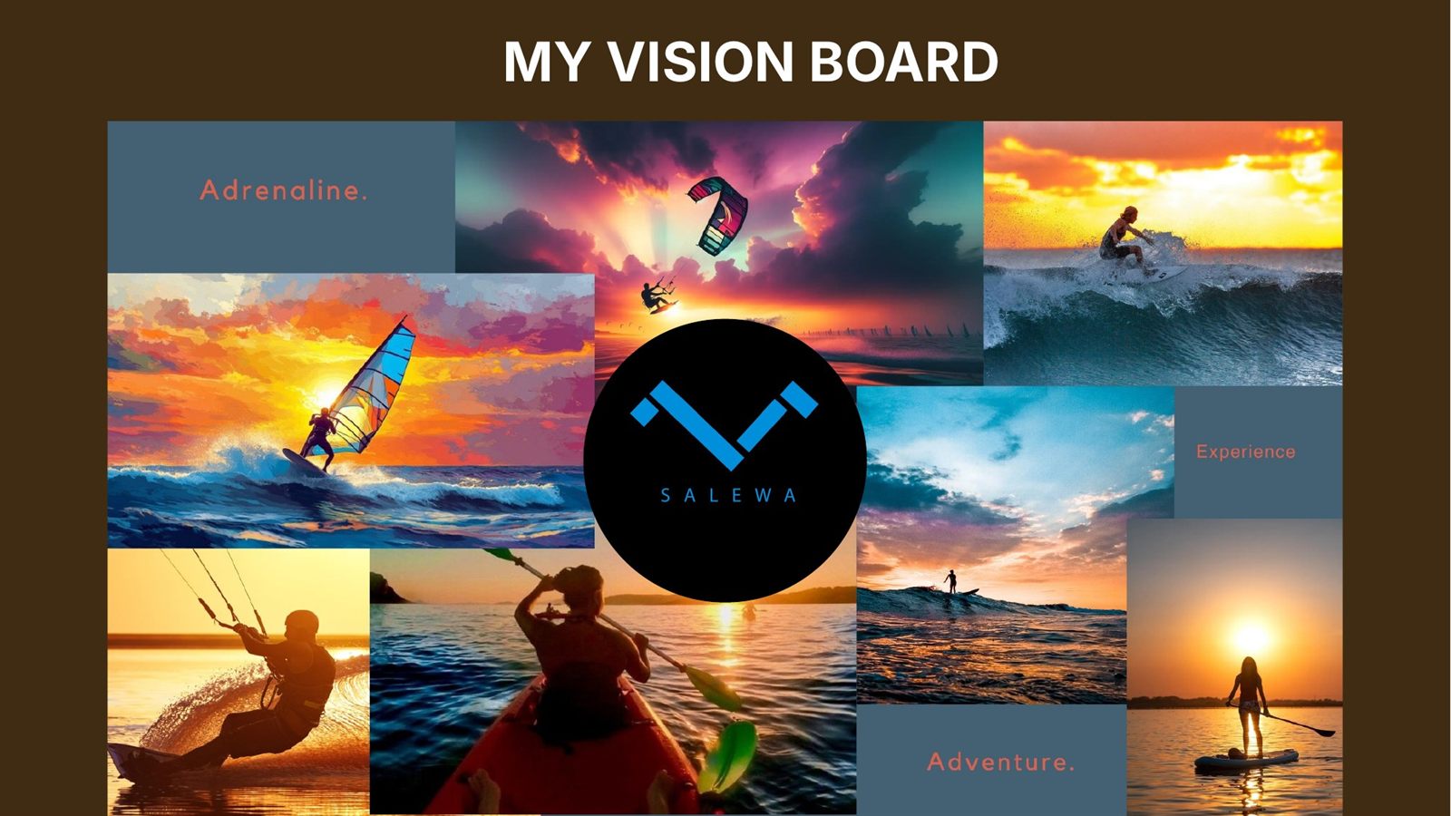 Vision board of water sports photos, windsurfing, kitesurfing, surfing, kayaking and paddleboarding, around the blue Salewa logo, with the words Adrenaline, Experience and Adventure